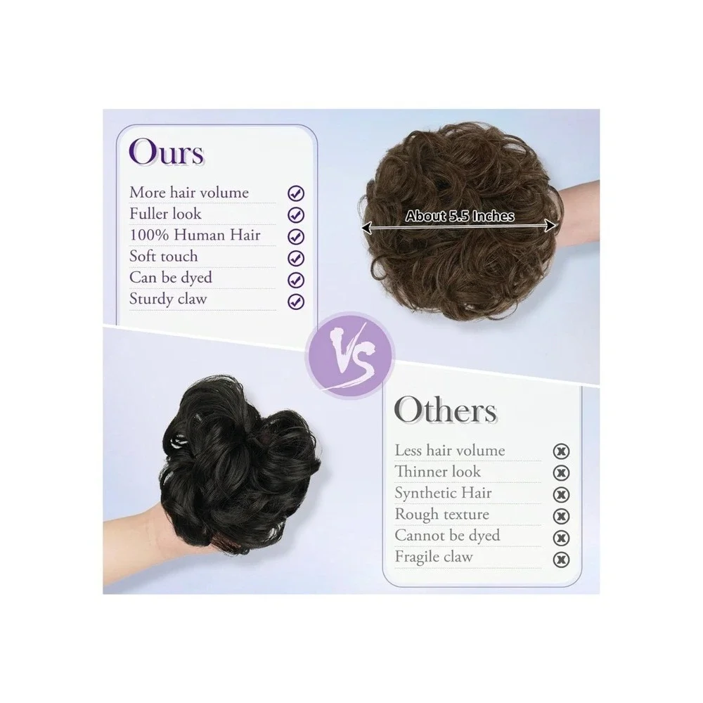 Real Human Hair Claw Clip Messy Bun Dark Brown Curly Wavy Updo Hairpiece